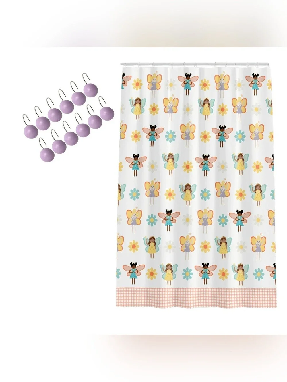 NWT Whimsical And Colorful Fairy Shower Curtain with Lilac Hooks Size 72
